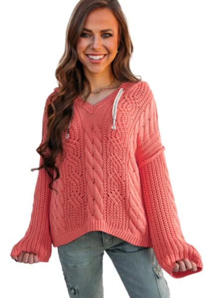 Drawstring hooded sweater-Pink