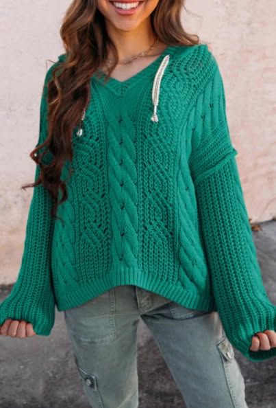 Drawstring hooded sweater-Green