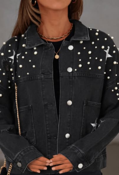 Black Distressed pearls cropped denim jacket